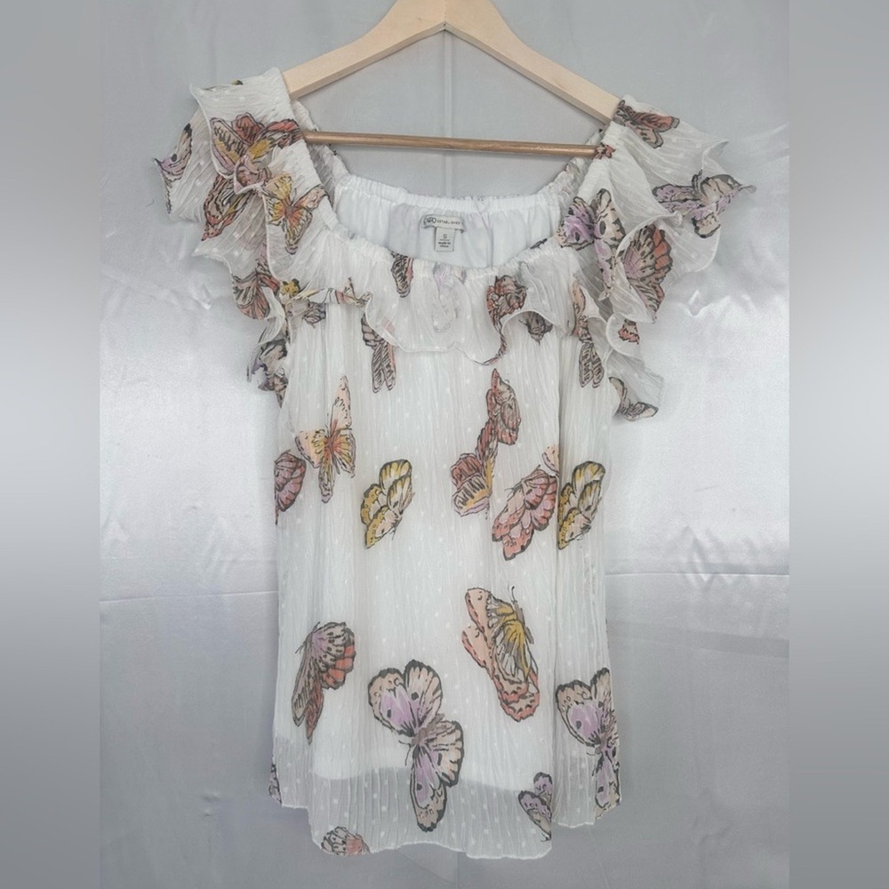Cato Butterfly Print Ruffle Off Shoulder Blouse White Clip Dot Flutter Sleeve S